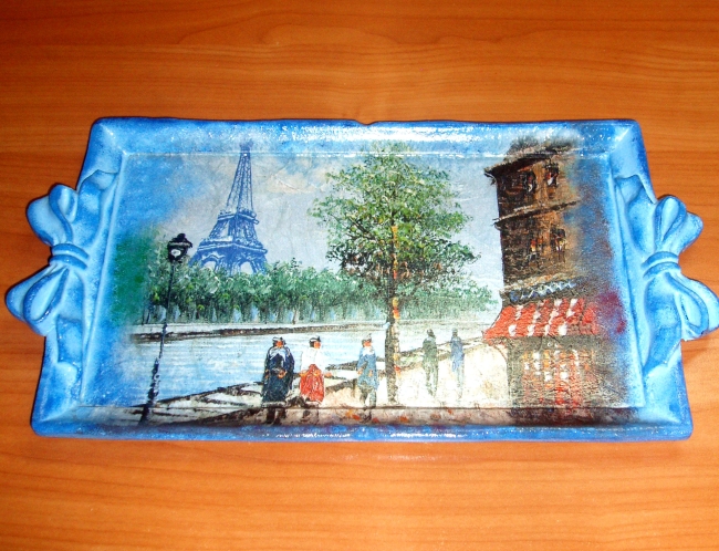 Paris Beautiful Wooden Decorative Tray made in Decoupage technic 